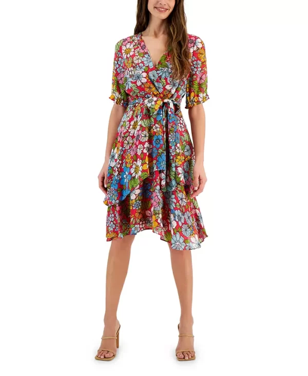 Women's Shadow Stripe Floral-Print Faux-Wrap Dress - Image 4